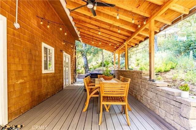 7900 San Clemente Ave, Atascadero, CA 93422 - wooden deck with a ceiling fan and outdoor dining space