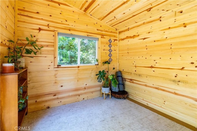 7900 San Clemente Ave, Atascadero, CA 93422 - spare room with vaulted ceiling, wooden ceiling, wood walls, and carpet