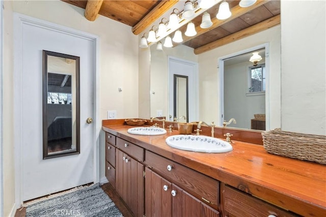 7900 San Clemente Ave, Atascadero, CA 93422 - bathroom with wooden ceiling with exposed beams and double vanity