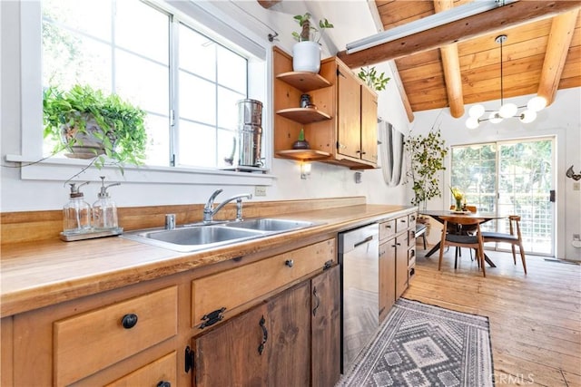 7900 San Clemente Ave, Atascadero, CA 93422 - kitchen featuring stainless steel dishwasher, a sink, open shelves, light countertops, and wood ceiling