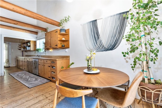 7900 San Clemente Ave, Atascadero, CA 93422 - dining area featuring light wood-style flooring and beam ceiling