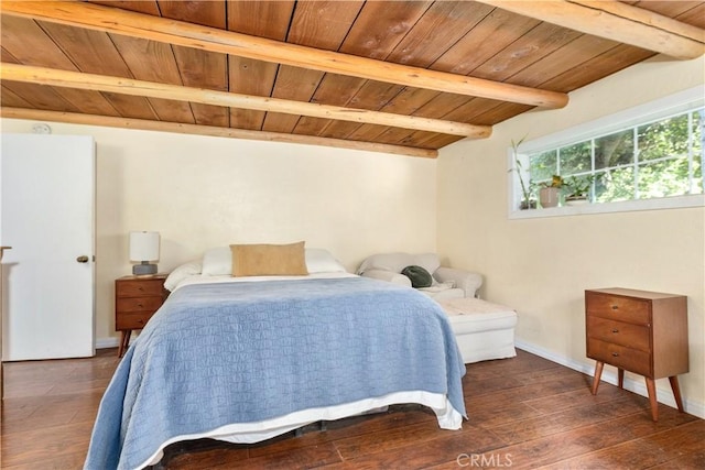 7900 San Clemente Ave, Atascadero, CA 93422 - bedroom featuring wood ceiling with exposed beams, dark wood finished floors, and baseboards
