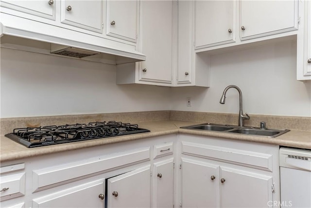 2619 W Aurora St, Santa Ana, CA 92704 - kitchen featuring a sink, white dishwasher, under cabinet range hood, white cabinets, and black gas cooktop