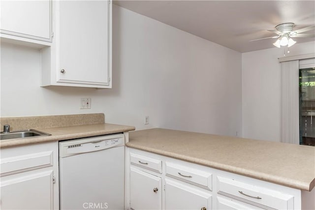 2619 W Aurora St, Santa Ana, CA 92704 - kitchen featuring white dishwasher, a ceiling fan, white cabinetry, and light countertops
