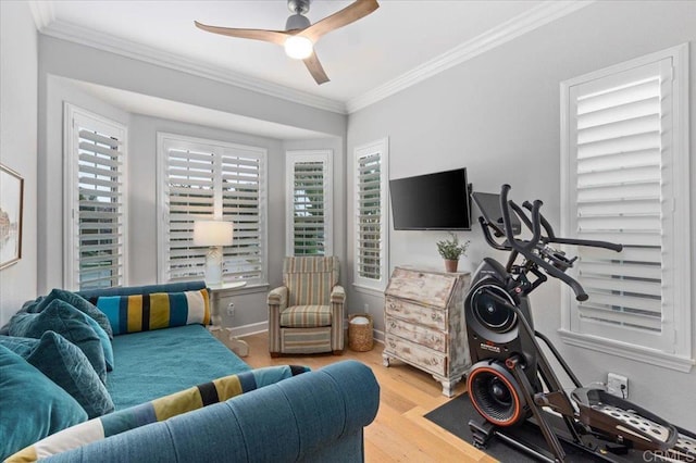 3482 Corte Fortuna, Carlsbad, CA 92009 - living room featuring a ceiling fan, crown molding, wood finished floors, and baseboards