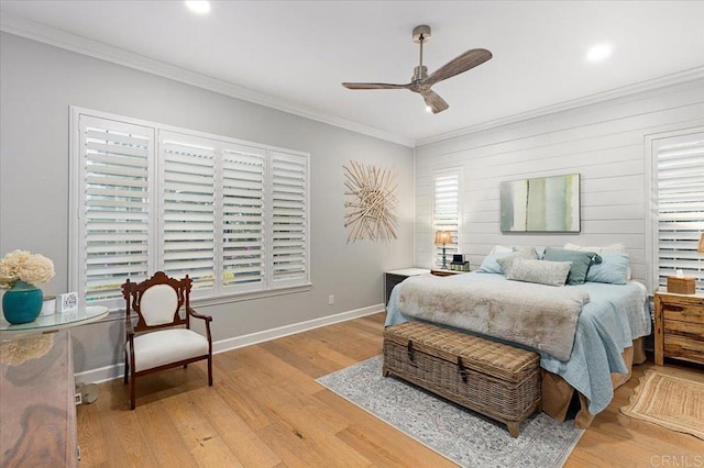 3482 Corte Fortuna, Carlsbad, CA 92009 - bedroom featuring ornamental molding, multiple windows, light wood-type flooring, baseboards, and ceiling fan