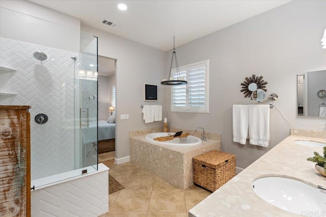 3482 Corte Fortuna, Carlsbad, CA 92009 - full bath featuring tile patterned floors, walk in shower, a garden tub, double vanity, and ensuite bath