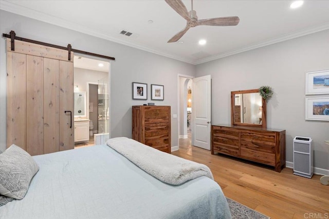 3482 Corte Fortuna, Carlsbad, CA 92009 - bedroom with light wood-type flooring, a barn door, baseboards, ornamental molding, and recessed lighting