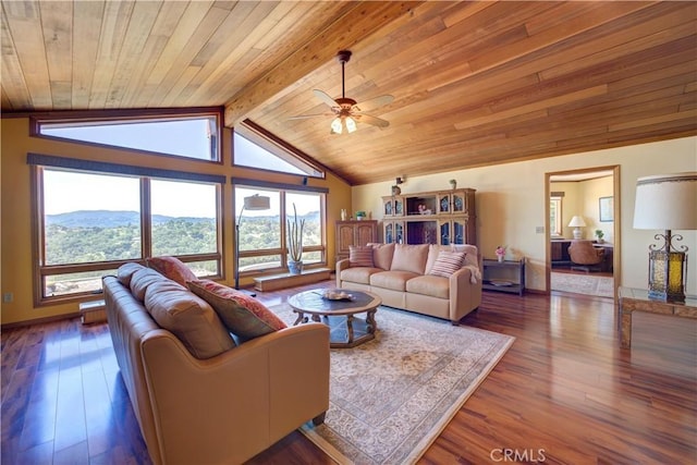 living room featuring ceiling fan, wooden ceiling, and wood finished floors