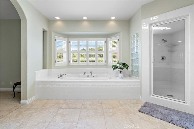 11620 Cenegal Rd, Atascadero, CA 93422 - bathroom featuring a garden tub, a tile shower, and recessed lighting