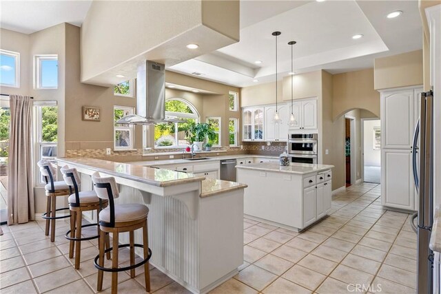 11620 Cenegal Rd, Atascadero, CA 93422 - kitchen with a peninsula, stainless steel appliances, island range hood, recessed lighting, and backsplash