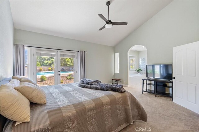 11620 Cenegal Rd, Atascadero, CA 93422 - carpeted bedroom featuring access to outside, arched walkways, high vaulted ceiling, french doors, and a ceiling fan