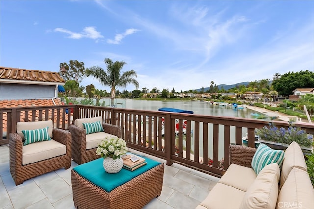 1558 Camelot Dr, Corona, CA 92882 - wooden terrace with an outdoor living space and a water and mountain view