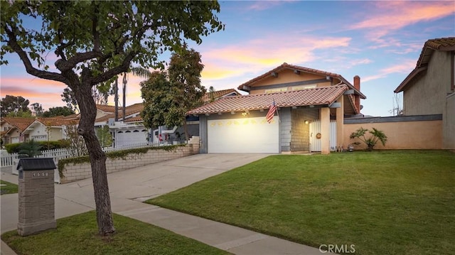 1558 Camelot Dr, Corona, CA 92882 - view of front of home featuring concrete driveway, a tile roof, an attached garage, stucco siding, and a chimney