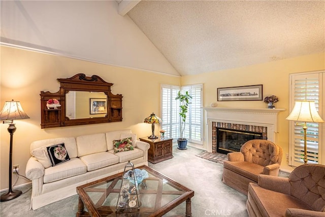 8435 Sale Ave, West Hills, CA 91304 - living area featuring carpet, a brick fireplace, beamed ceiling, baseboards, and a textured ceiling