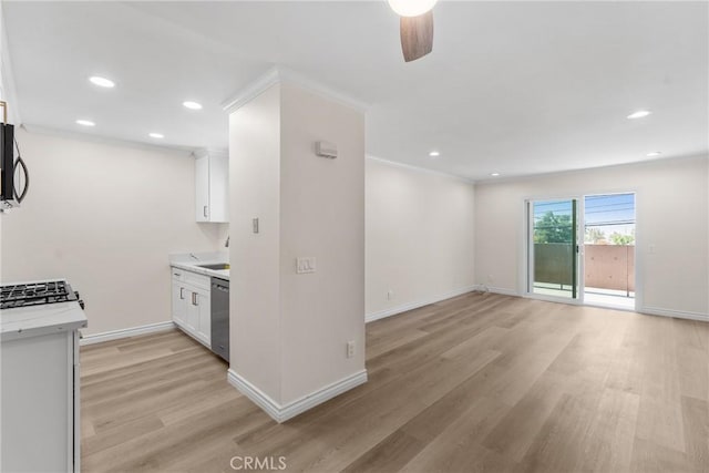 8990 19th St Unit 376, Rancho Cucamonga, CA 91701 - kitchen featuring stainless steel dishwasher, light wood-style flooring, white cabinetry, a ceiling fan, and light countertops