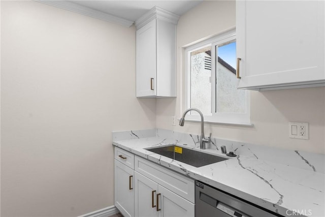 8990 19th St Unit 376, Rancho Cucamonga, CA 91701 - kitchen featuring a sink, dishwasher, white cabinets, and light stone counters