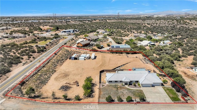 11020 Blue Jay Way, Oak Hills, CA 92344 - aerial overview of property's location featuring property parcel outlined, mountains, and a desert landscape