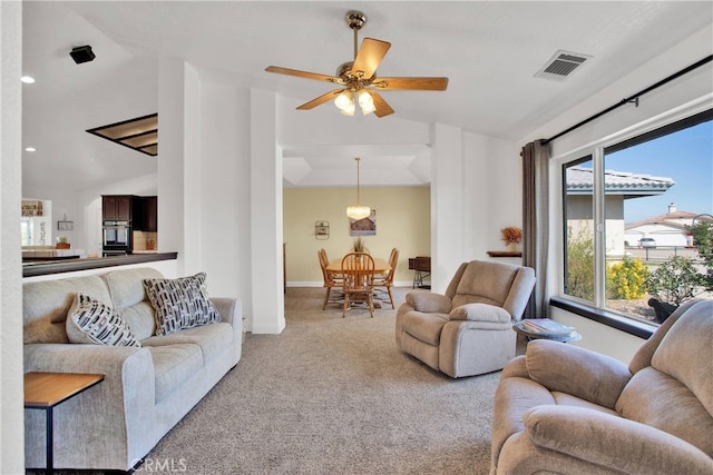 11020 Blue Jay Way, Oak Hills, CA 92344 - living room featuring carpet floors, lofted ceiling, ceiling fan, baseboards, and recessed lighting