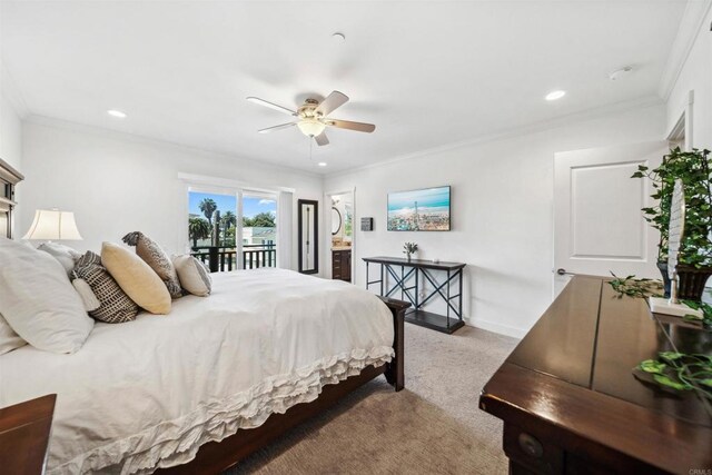 bedroom featuring carpet, access to exterior, ornamental molding, recessed lighting, and ceiling fan