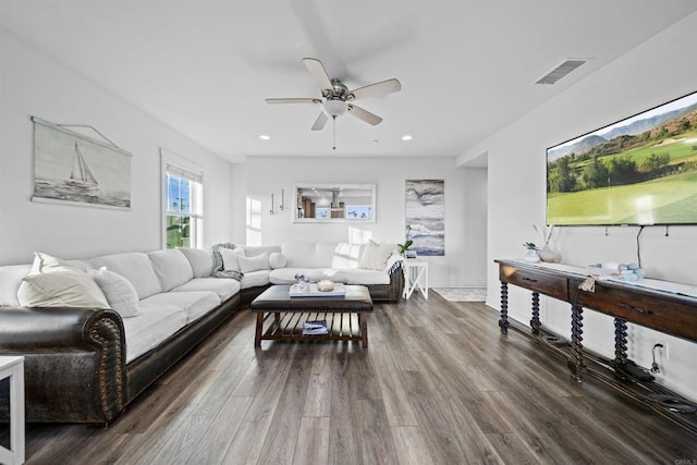 living area with ceiling fan, dark wood-style flooring, recessed lighting, and baseboards