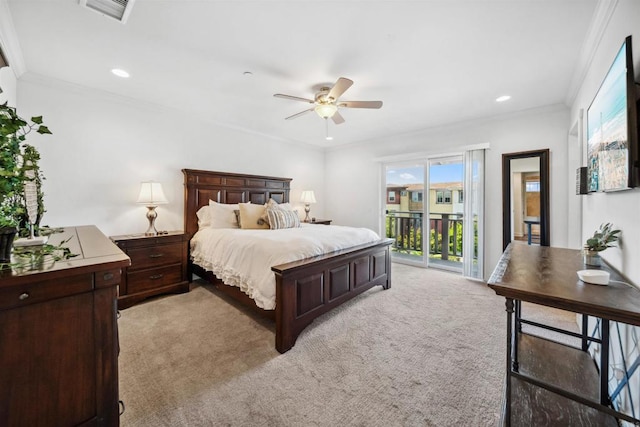 bedroom featuring access to exterior, light carpet, crown molding, a ceiling fan, and recessed lighting