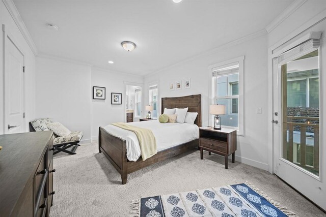 bedroom featuring light colored carpet, crown molding, baseboards, and recessed lighting