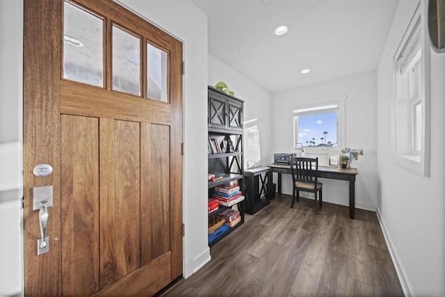 office area featuring dark wood-type flooring, recessed lighting, and baseboards