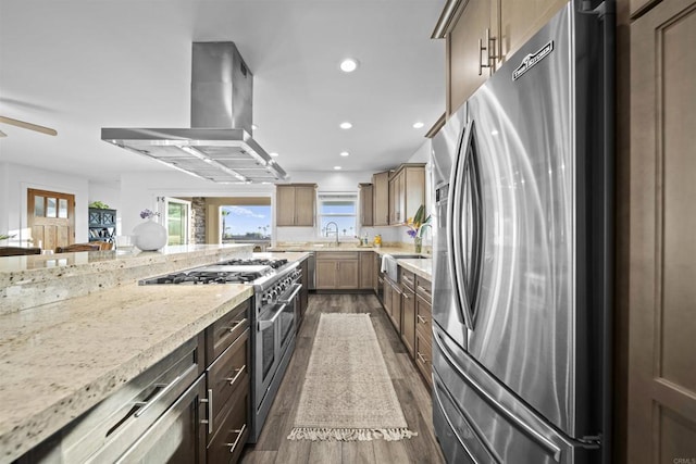 kitchen with appliances with stainless steel finishes, ventilation hood, dark wood-style floors, light stone counters, and plenty of natural light