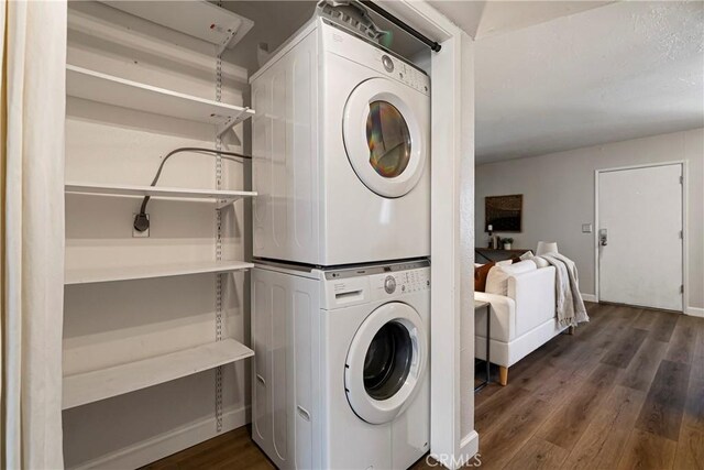 2240 Notre Dame Blvd Unit 6, Chico, CA 95928 - laundry room featuring stacked washer / dryer and wood finished floors