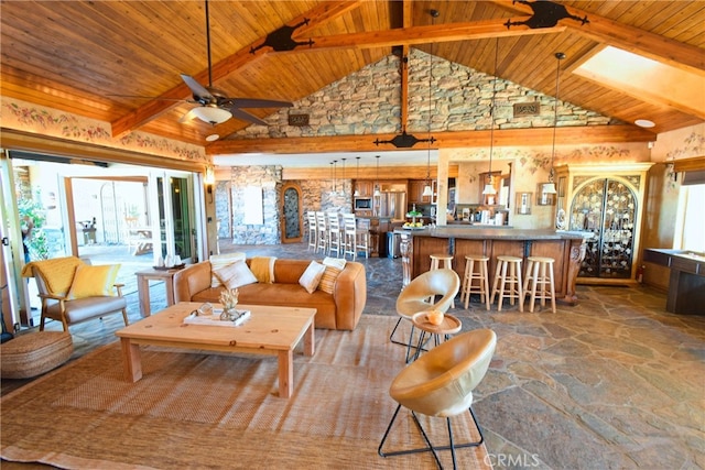 40125 Camino Del Vino, Temecula, CA 92592 - living area featuring stone flooring, wood ceiling, high vaulted ceiling, a ceiling fan, and beam ceiling