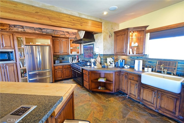 40125 Camino Del Vino, Temecula, CA 92592 - kitchen featuring open shelves, appliances with stainless steel finishes, extractor fan, dark stone finish flooring, and a sink