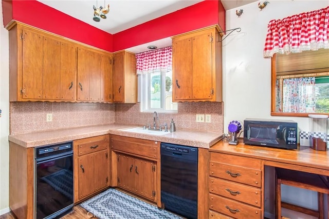 217 Syllmar Cir, Calimesa, CA 92320 - kitchen featuring black appliances, a sink, light countertops, backsplash, and brown cabinetry