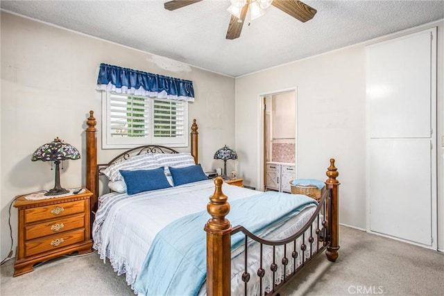 217 Syllmar Cir, Calimesa, CA 92320 - bedroom with carpet, a textured ceiling, ceiling fan, and ensuite bathroom