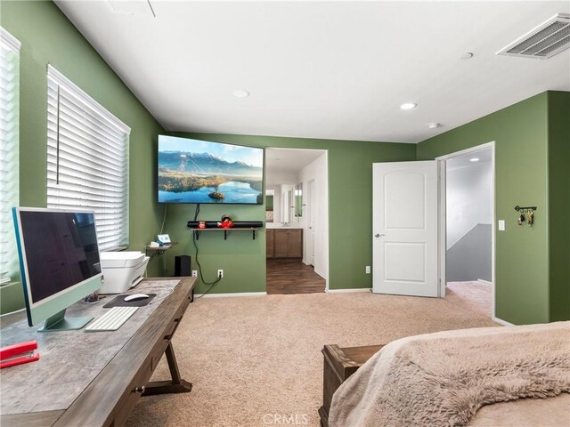 10630 Appaloosa Ave, Hesperia, CA 92345 - carpeted bedroom with baseboards, a desk, recessed lighting, and connected bathroom