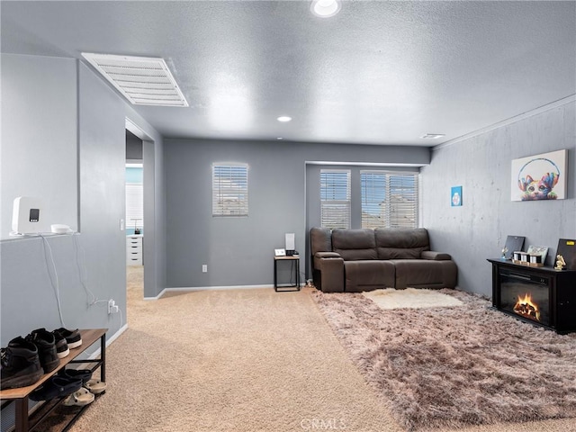 10630 Appaloosa Ave, Hesperia, CA 92345 - living area featuring carpet, baseboards, a textured ceiling, and recessed lighting