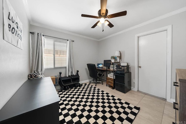 office area with a ceiling fan, ornamental molding, light tile patterned floors, and baseboards