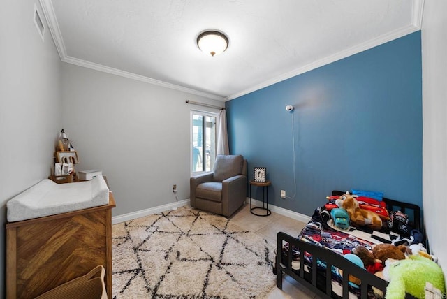 bedroom featuring ornamental molding and baseboards