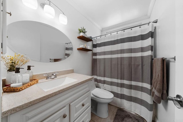 bathroom featuring ornamental molding, vanity, toilet, a shower with shower curtain, and tile patterned floors
