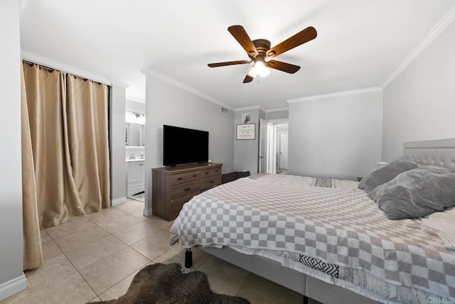 bedroom with ornamental molding, light tile patterned flooring, and a ceiling fan