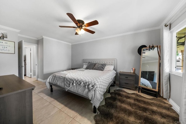 bedroom featuring multiple windows, ornamental molding, light tile patterned floors, ceiling fan, and baseboards
