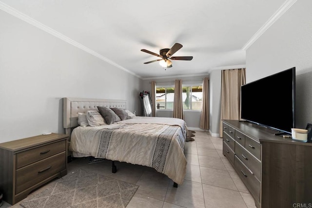 bedroom with ornamental molding, light tile patterned flooring, and ceiling fan