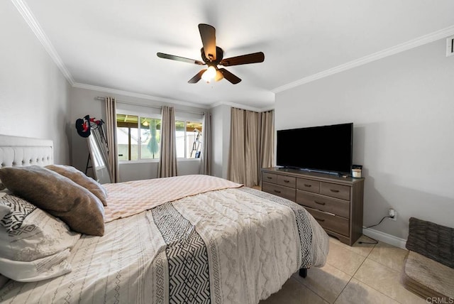 bedroom featuring crown molding, light tile patterned flooring, baseboards, and a ceiling fan