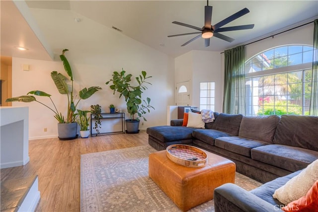 1918 Potter Rd, Chico, CA 95928 - living area featuring ceiling fan, lofted ceiling, wood finished floors, and baseboards