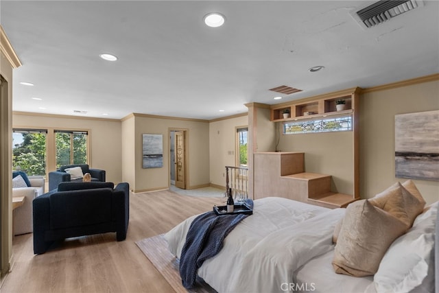 1156 E Howard St, Pasadena, CA 91104 - bedroom with ornamental molding, light wood-style flooring, recessed lighting, and baseboards