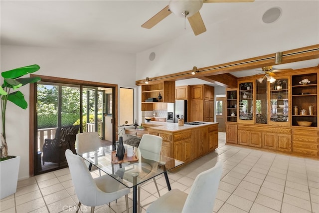 1156 E Howard St, Pasadena, CA 91104 - dining area featuring a ceiling fan, light tile patterned flooring, and a towering ceiling