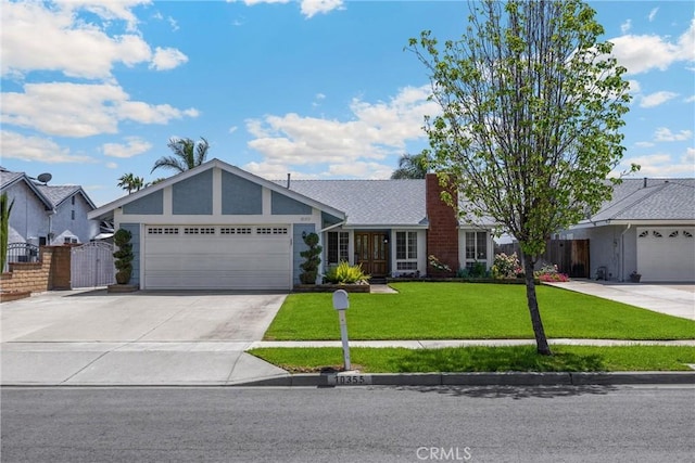 ranch-style home with concrete driveway, an attached garage, and a gate