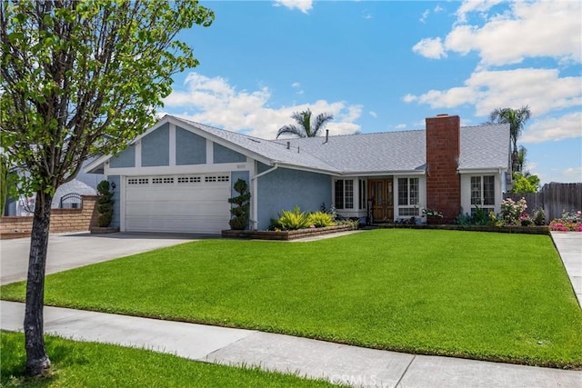 ranch-style home with an attached garage, driveway, a chimney, stucco siding, and roof with shingles