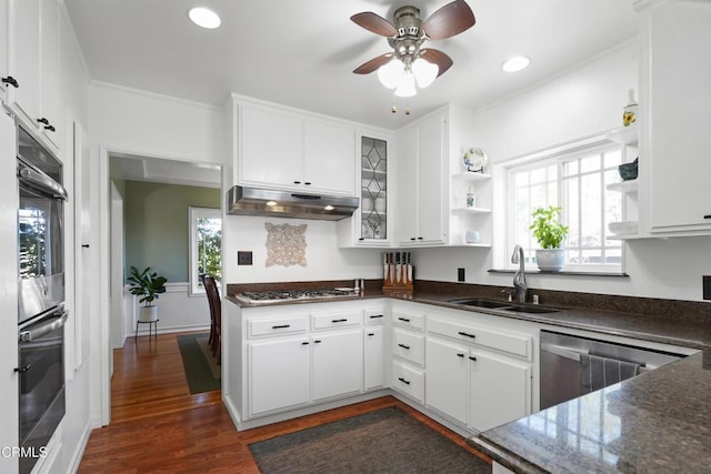 kitchen featuring a sink, under cabinet range hood, open shelves, appliances with stainless steel finishes, and a ceiling fan
