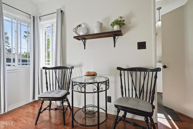 living area featuring wood finished floors and baseboards